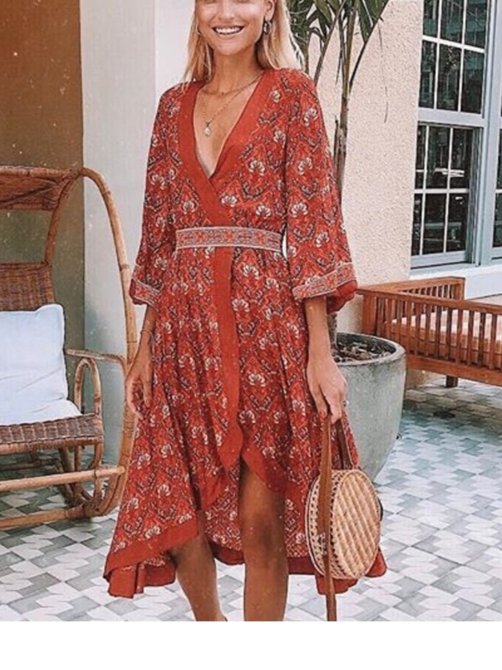 Red Floral Boho Wrap Midi Dress - Picture 2 of 7